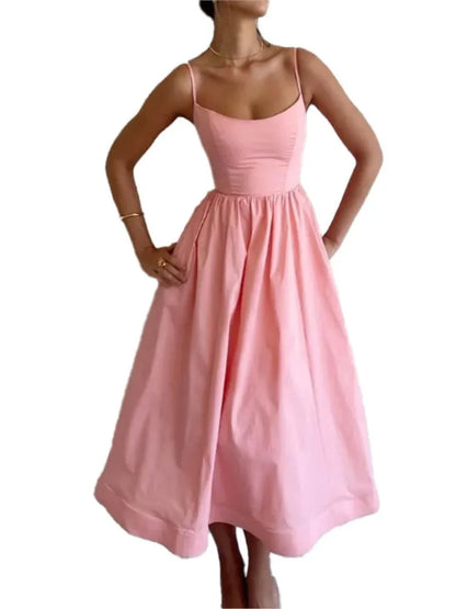 Robe Maxi trapèze pour femmes, Sexy, couleur unie, bretelles Spaghetti, coupe basse, sans manches