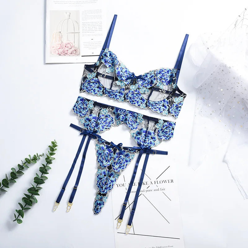 Ensemble de lingerie brodée avec nœud en dentelle pour dames, bretelles initiées réglables, soutien-gorge push-up