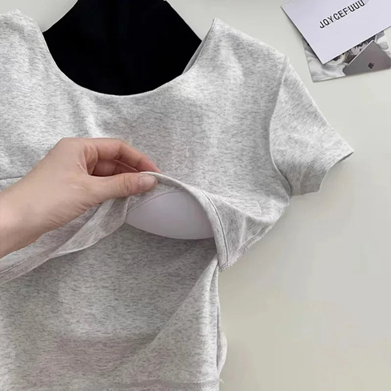 T-shirt à hanches courtes pour femmes évider couleur unie avec soutien-gorge