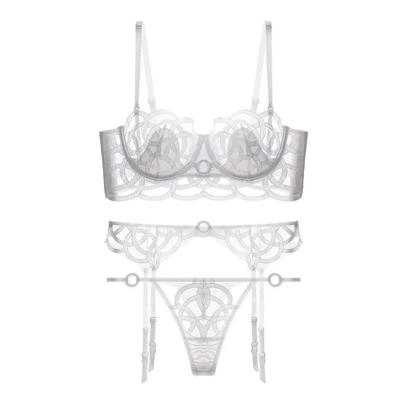 Ensemble 3 pièces soutien-gorge Push up + jarretières + string en dentelle transparent pour femmes