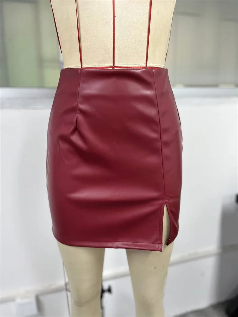 Mini jupes en cuir PU fendu taille haute pour femmes