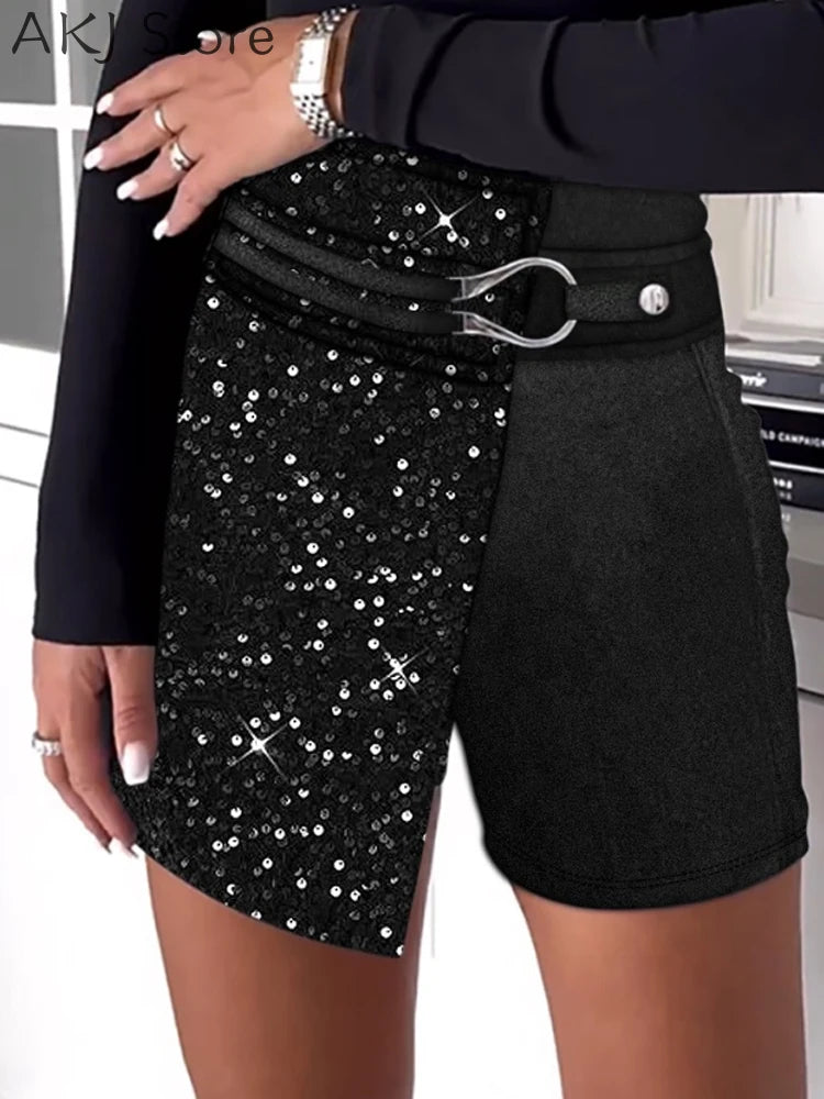 Short décontracté à paillettes et boucle en métal pour femme