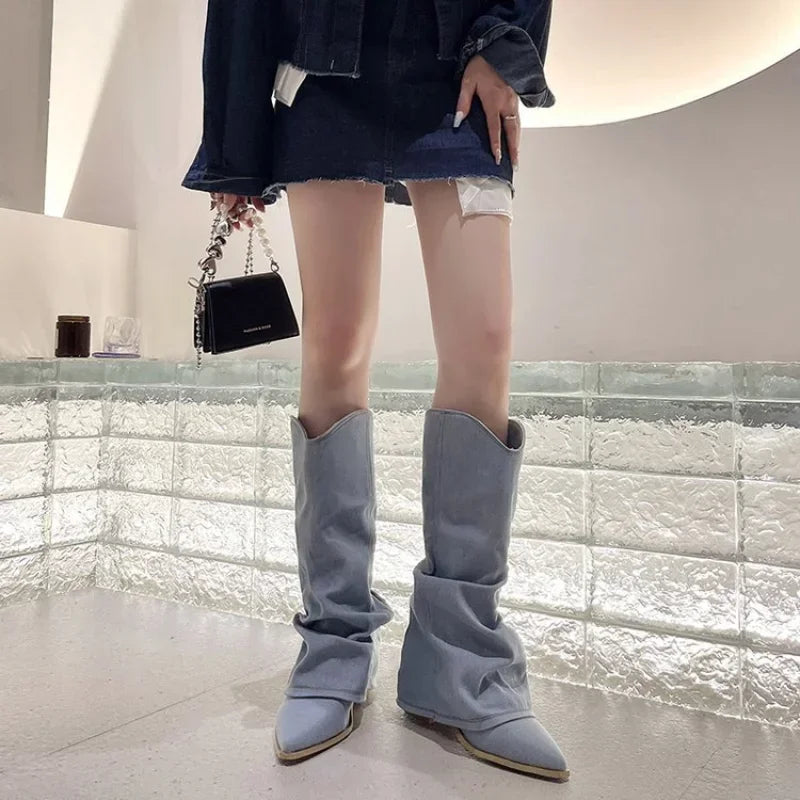 Cuissardes en denim bleu plissé pour femmes bottes western longues à enfiler