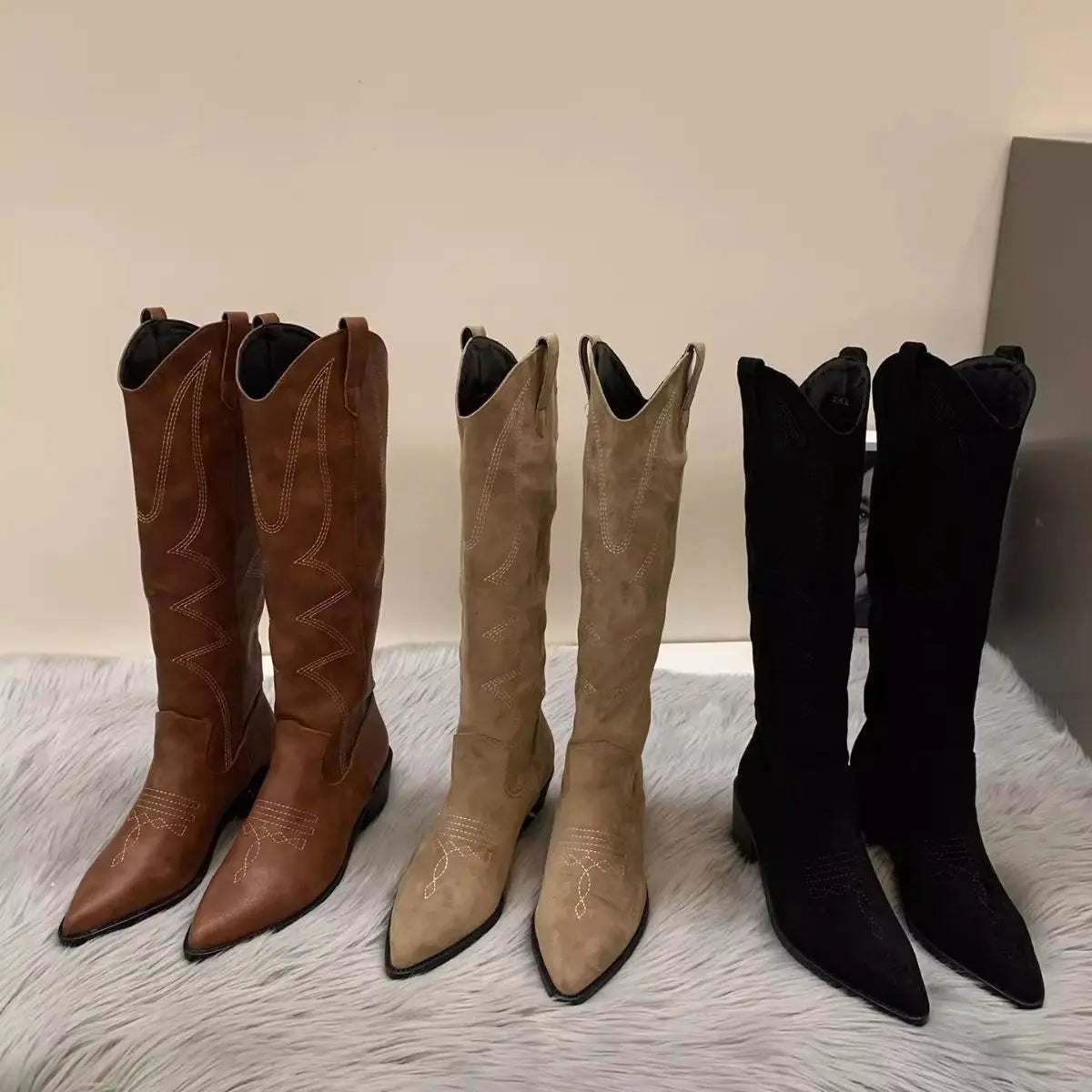 Bottes de cowgirl à enfiler pour femmes, talon bas carré élégant,  hauteur au genou