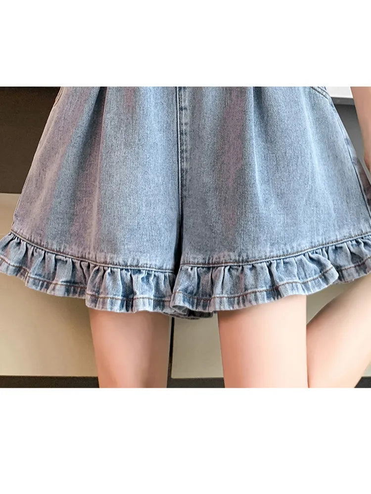 Short en jean grande taille pour femme, court taille haute à volants