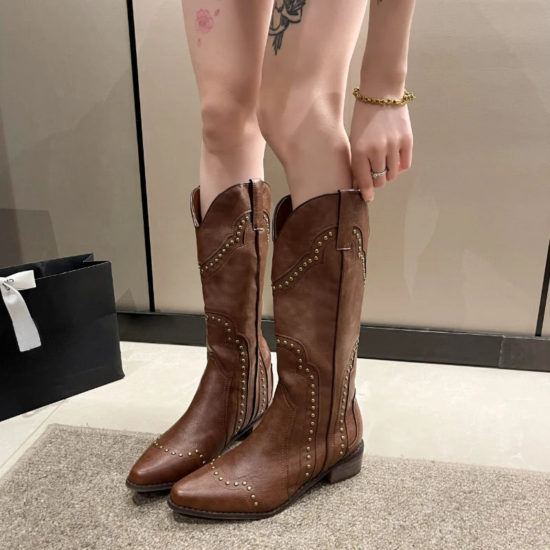 Bottes cloutées pour femmes talon bas Cowboy Chelsea Western court en cuir