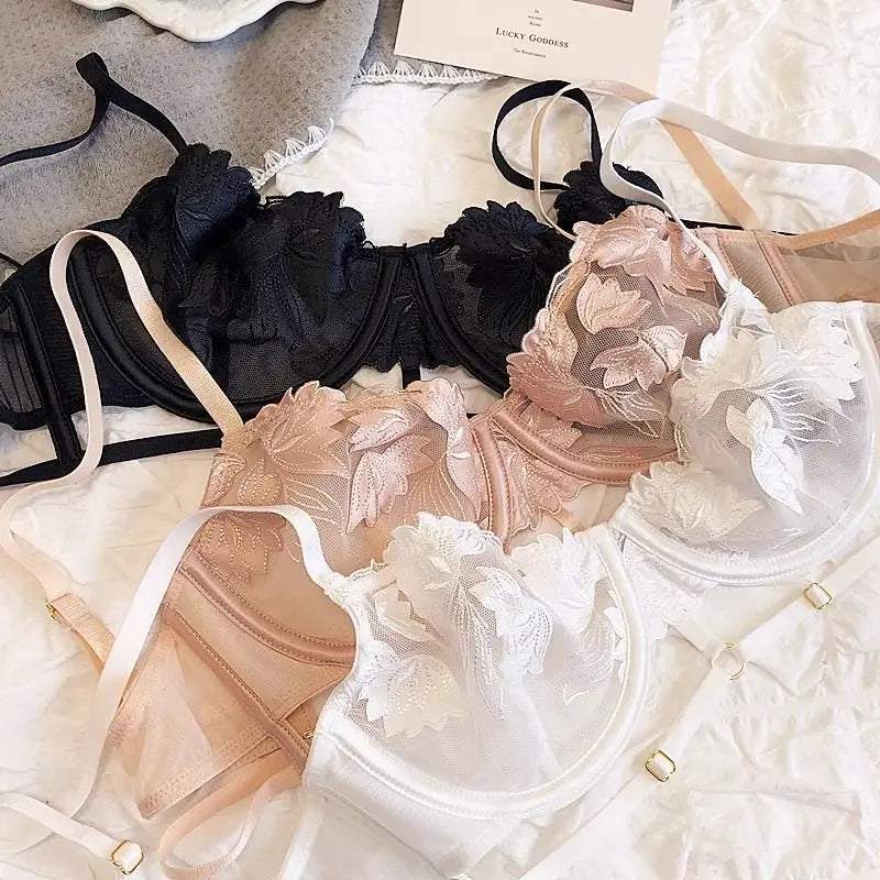 Ensemble culotte et soutien gorge à sangles en maille brodées françaises, ultra-minces pour femmes