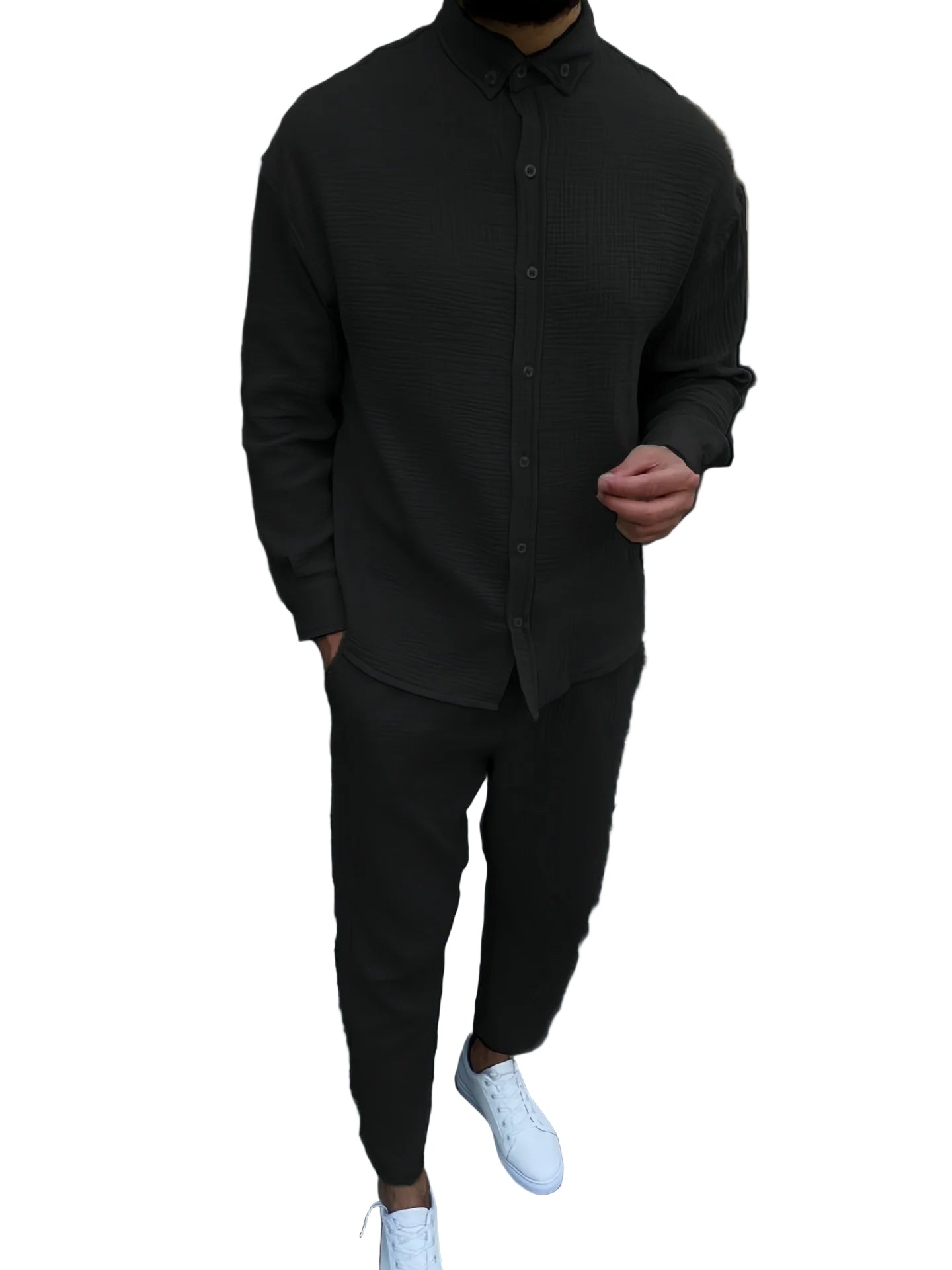 Ensemble chemise décontractée confortable à revers en coton et lin pour hommes