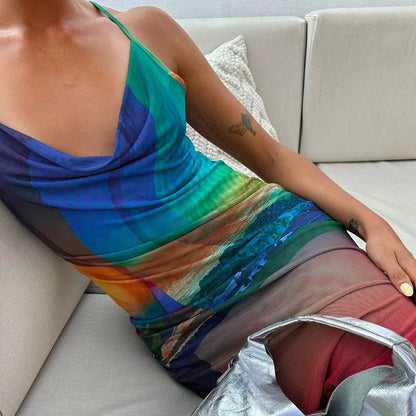 Robe Maxi imprimée de paysages colorés, dos nu, élégante, Sexy, Slim, pour femmes