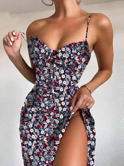 Robe d'été Sexy à bretelles Spaghetti, imprimé Floral, col en V, avec nœud pour femmes