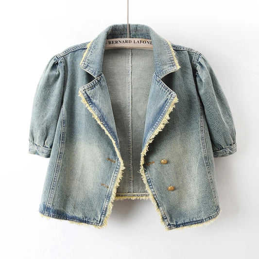 Veste en jean à manches bouffantes bleu clair vintage pour femme