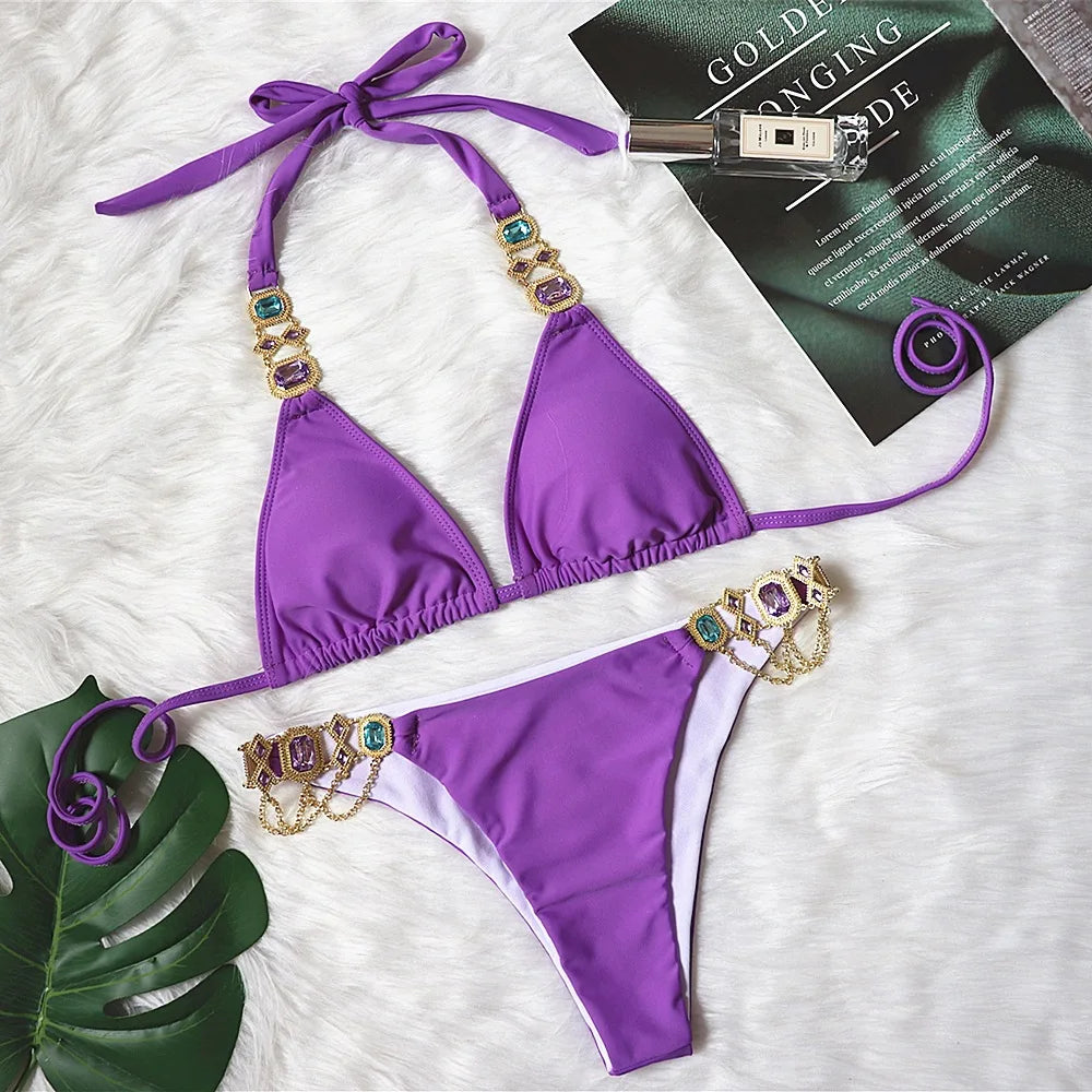 Maillot de bain deux pièces imprimé léopard pour femme, bikini sexy en cristal et biscuits