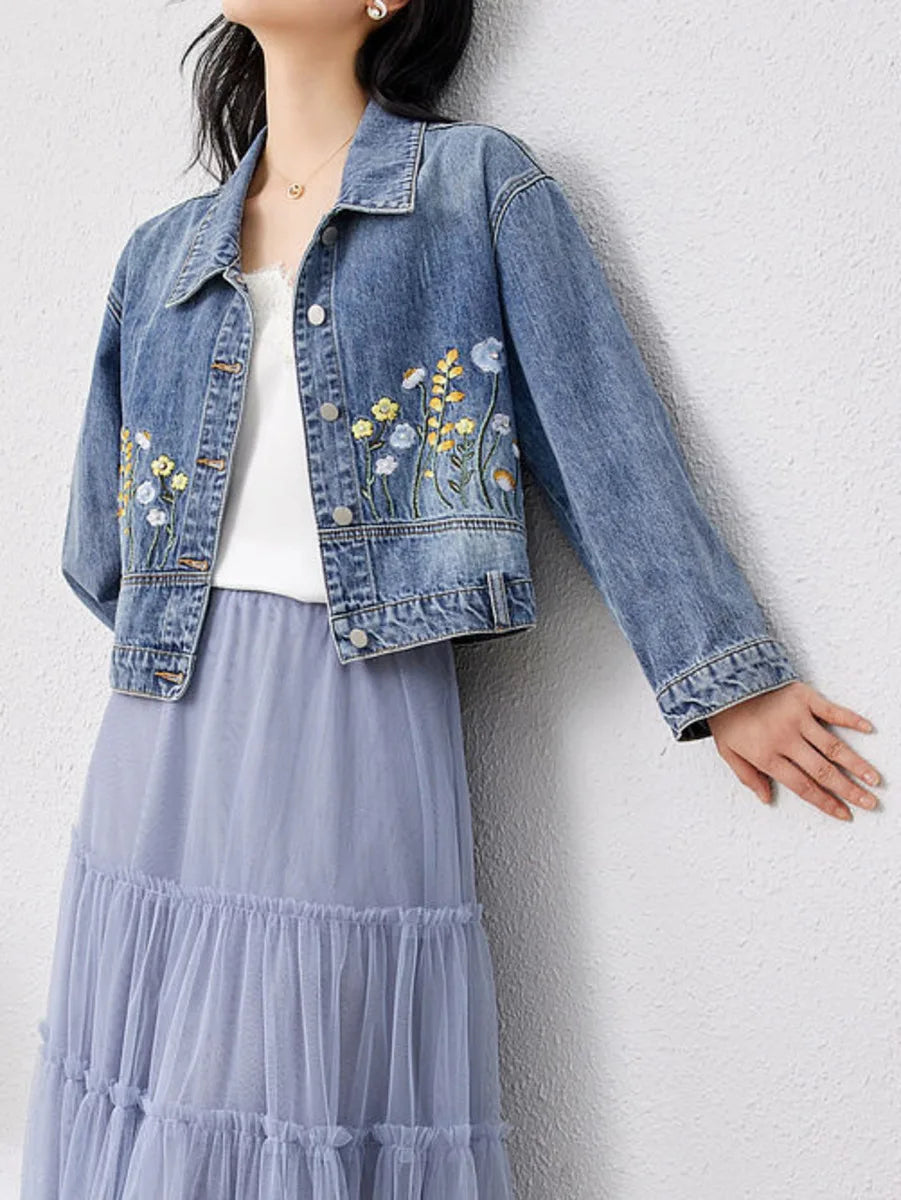 Veste en jean courte brodée florale pour femme