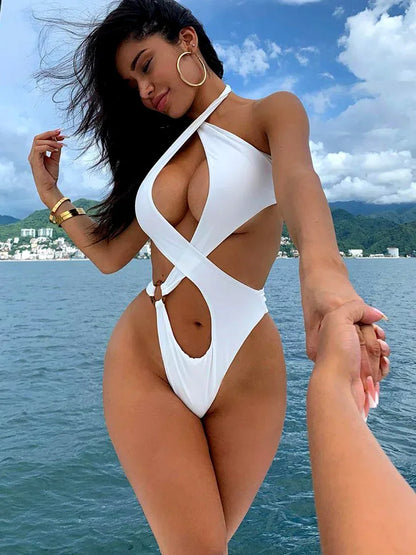 Maillot de bain une pièce, Sexy, décolleté haut, col licou, pour femmes, Bandage croisé