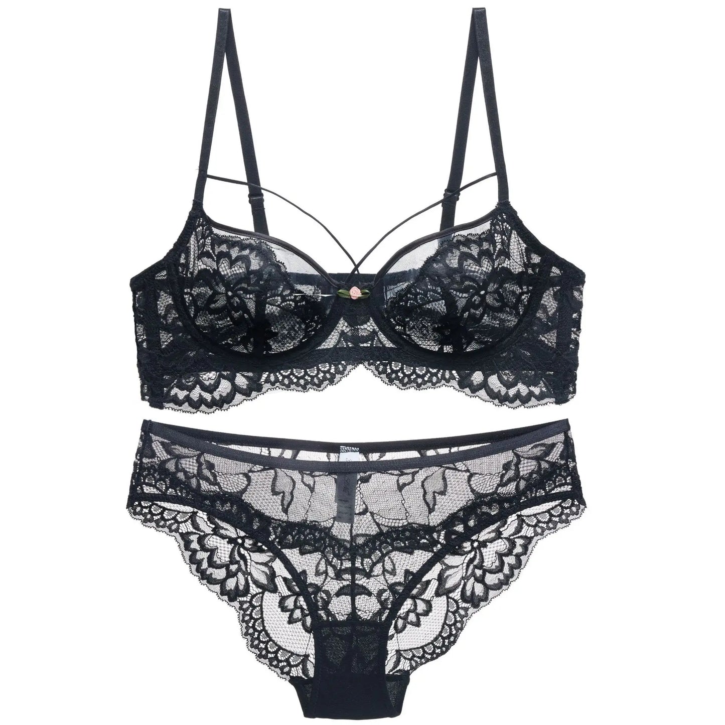 Ensemble Soutien-Gorge et Culotte en Dentelle Transparente pour Femme