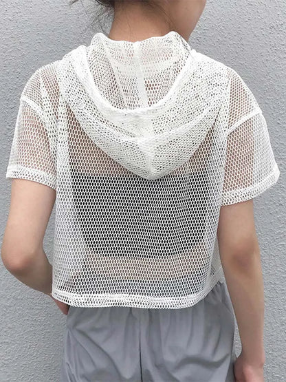 Tops  à capuche à manches courtes pour femmes, filet en maille creuse, hauts transparents