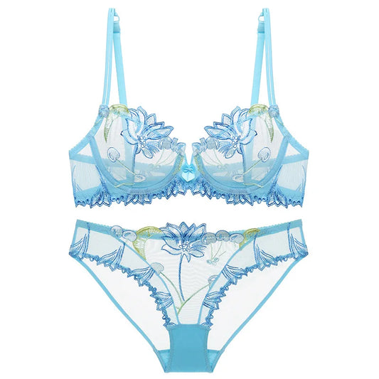 Ensemble de Lingerie brodé à fleurs, sous-vêtements transparents en dentelle pour femmes