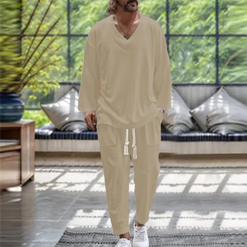 Ensembles Chemise à col en V et pantalon, couleur unie pour homme