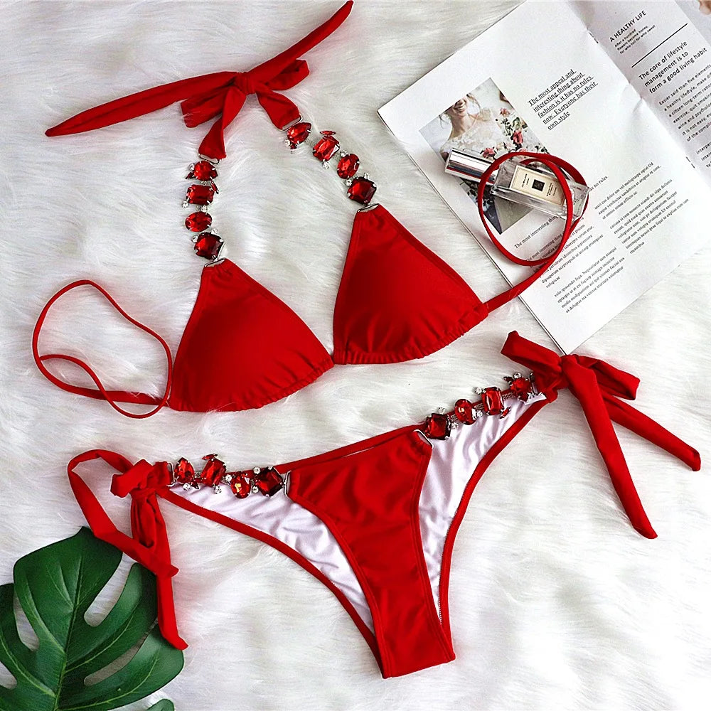 Maillot de bain deux pièces imprimé léopard pour femme, bikini sexy en cristal et biscuits