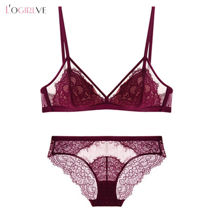 Ensemble de Lingerie Sexy en dentelle pour femmes, sous-vêtements français sans anneau en acier, Triangle, bonnet 3/4, soutien-gorge froncé, slip