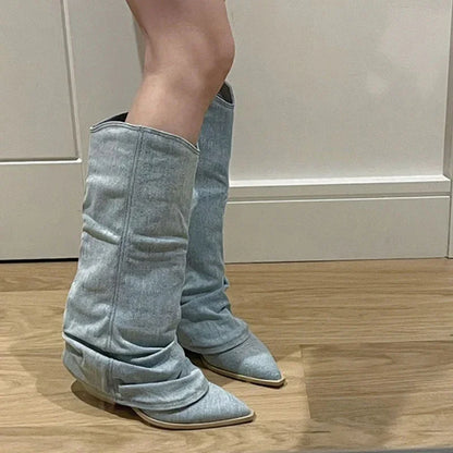 Cuissardes en denim bleu plissé pour femmes bottes western longues à enfiler