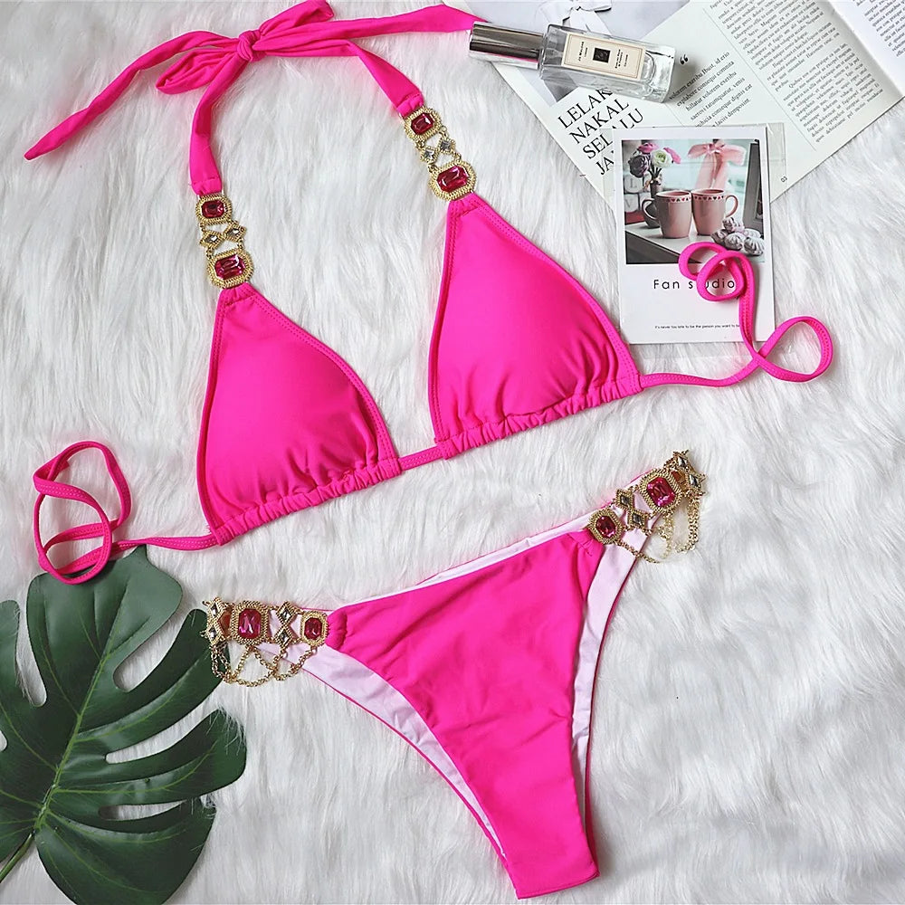 Maillot de bain deux pièces imprimé léopard pour femme, bikini sexy en cristal et biscuits