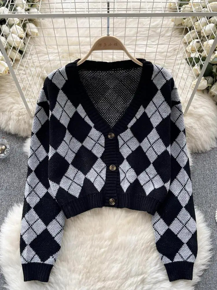 Cardigan en tricot à carreaux avec col en v pour femme