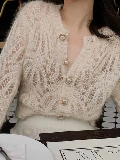 Cardigan court en tricot ajouré pour femmes