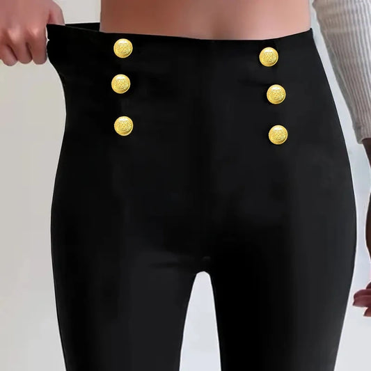 Pantalon droit taille haute élégant et décontracté pour femme avec boutons