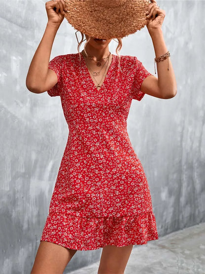 Robe courte d'été style Boho pour femmes, col en V, imprimé floral