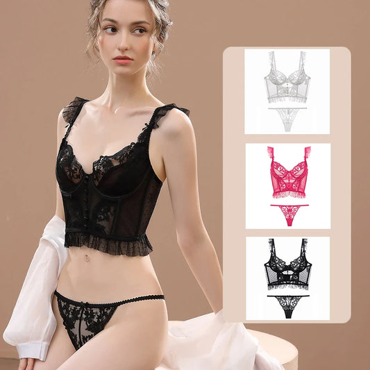 Ensembles de soutien-gorge et culotte transparents en dentelle brodée noire pour femmes