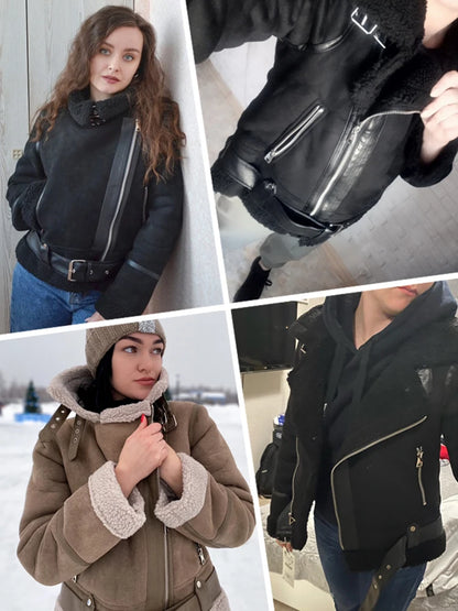 Veste pour femmes épais chaud Faux cuir veste de fourrure d'agneau avec ceinture