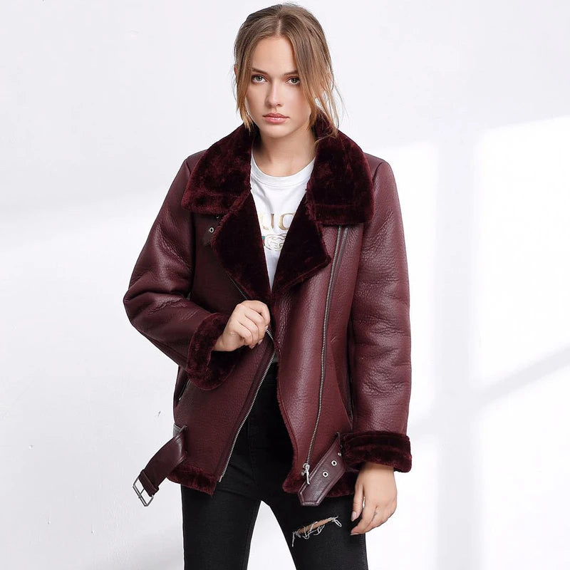 Veste en faux cuir d'agneau  col de fourrure pour femmes