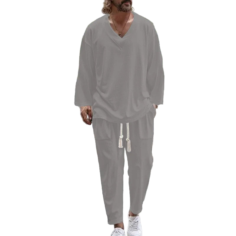 Ensembles Chemise à col en V et pantalon, couleur unie pour homme