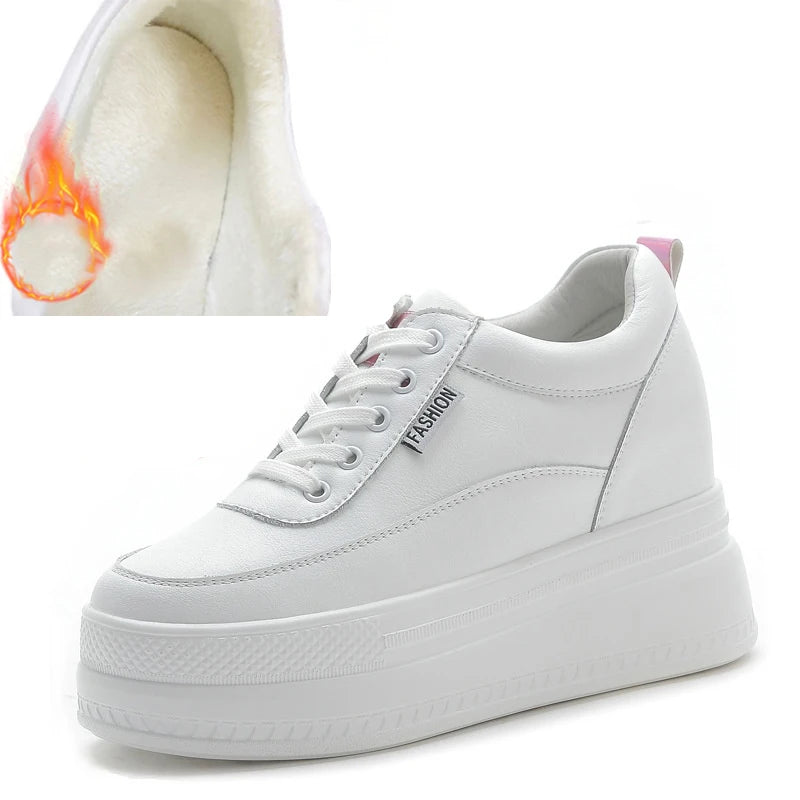 Baskets à semelle compensée, chaussures d'été blanches en cuir véritable de vache, 9cm