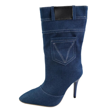 Bottes rétro à talons hauts pour femmes, bottes de chevalier pointues, denim occidental