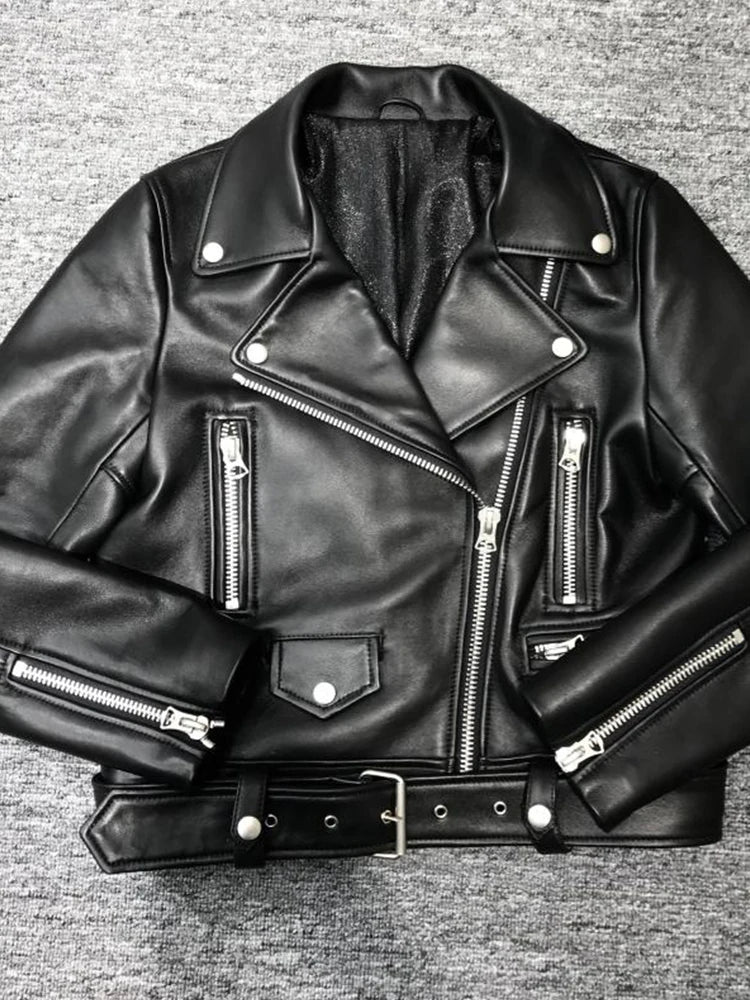 veste en cuir Pu avec fermeture éclair ceinture pour femmes