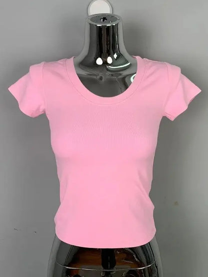 T-shirt manches courtes col rond pour femme, slim et résistant, en coton, décontracté