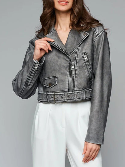 Veste en Simili Cuir rétro avec fermeture éclair et ceinture pour femmes