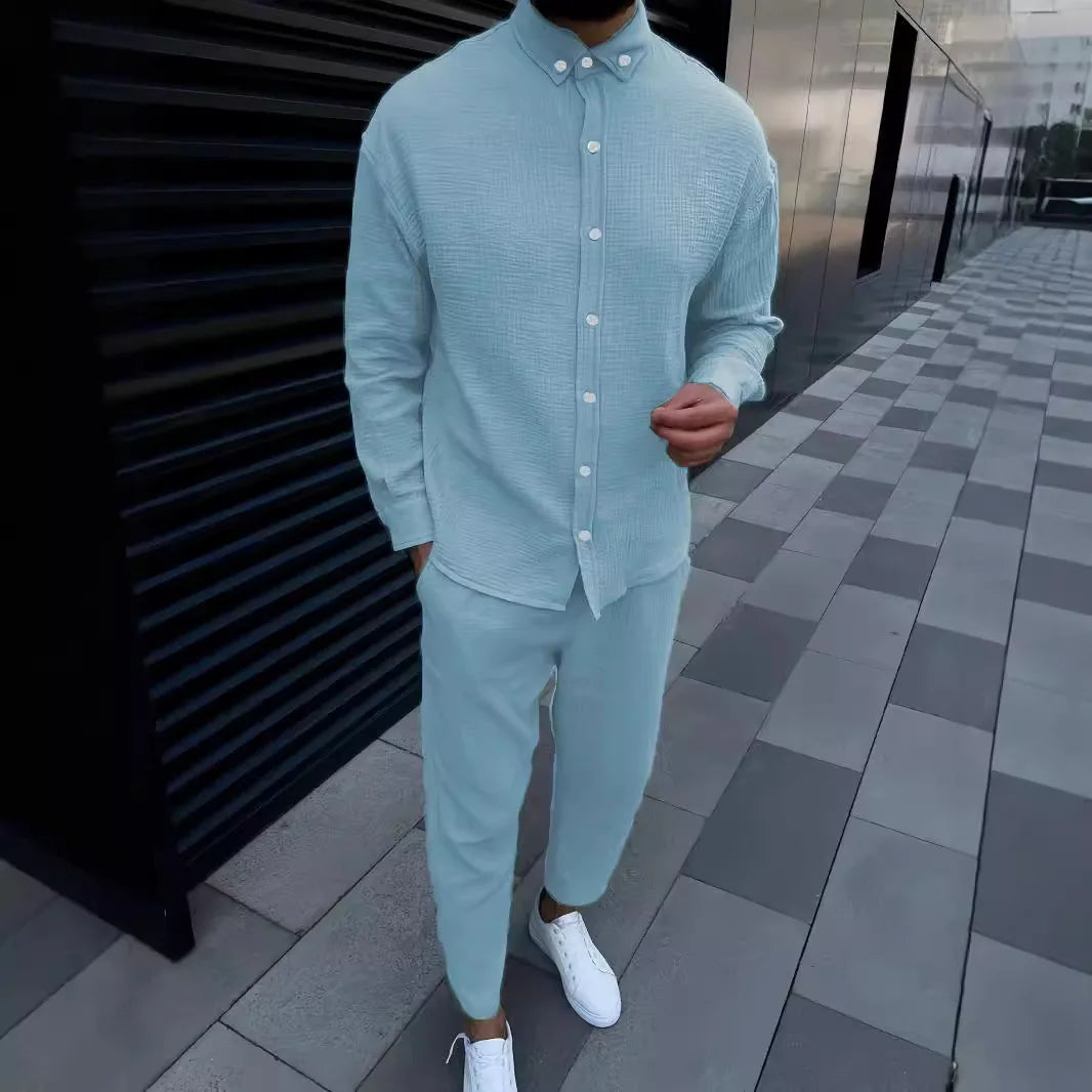 Ensemble chemise décontractée confortable à revers en coton et lin pour hommes