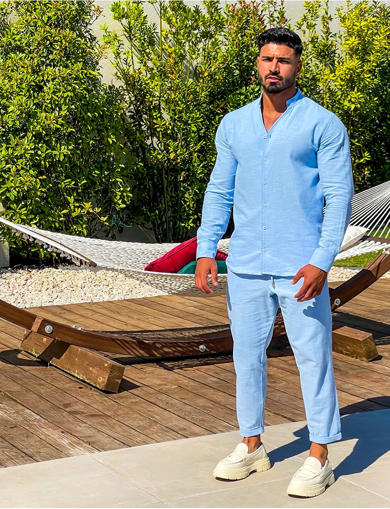 Ensemble deux pièces décontractée à manches longues et col montant en coton et chanvre pour hommes