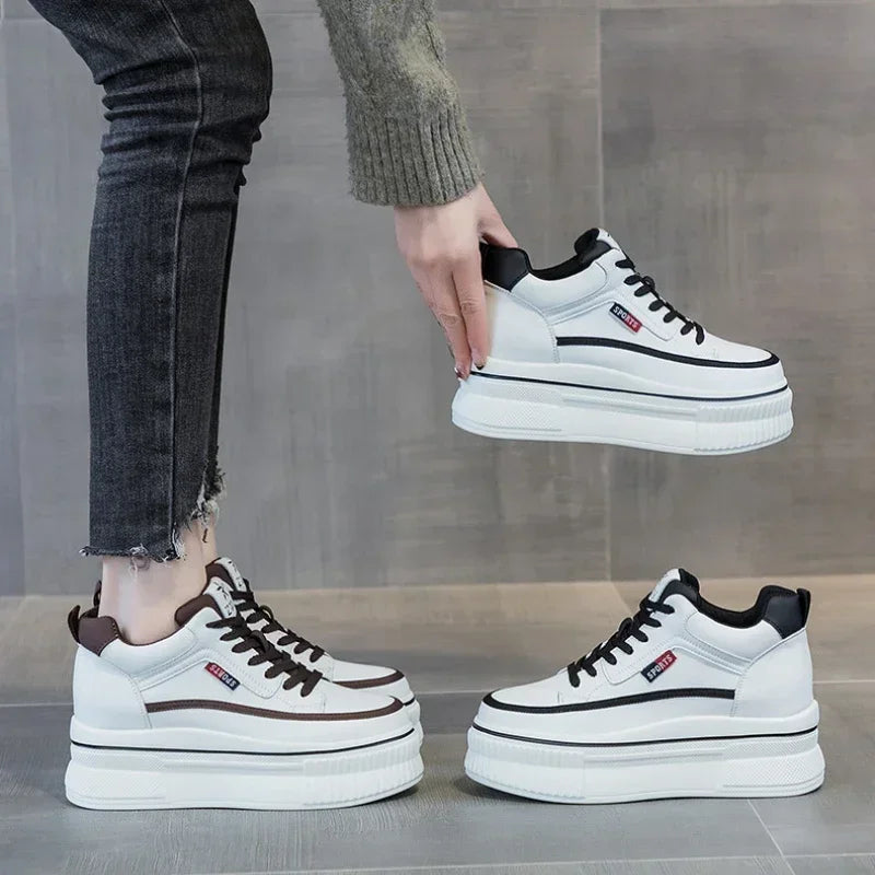 Baskets compensées à plateforme de 8,8 cm, épaisses, en cuir véritable, pour femmes