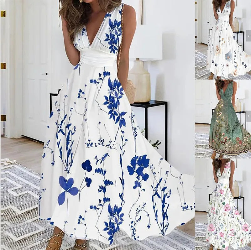 Robe longue d'été sans manches, imprimé floral, Sexy, col en v