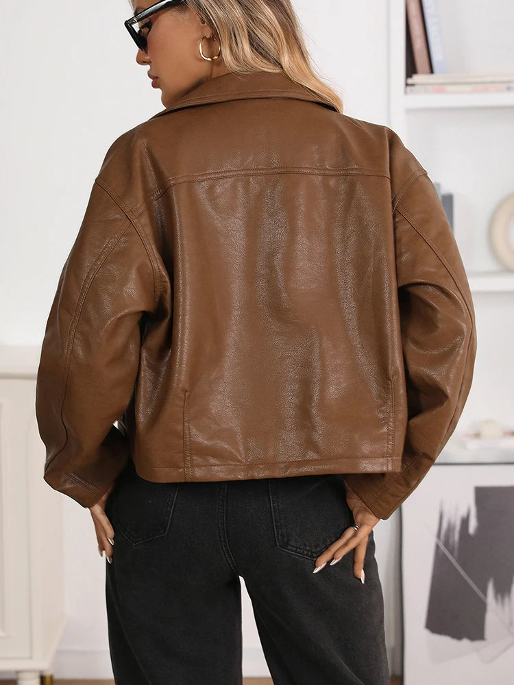 Veste vintage ample court faux cuir pour femmes