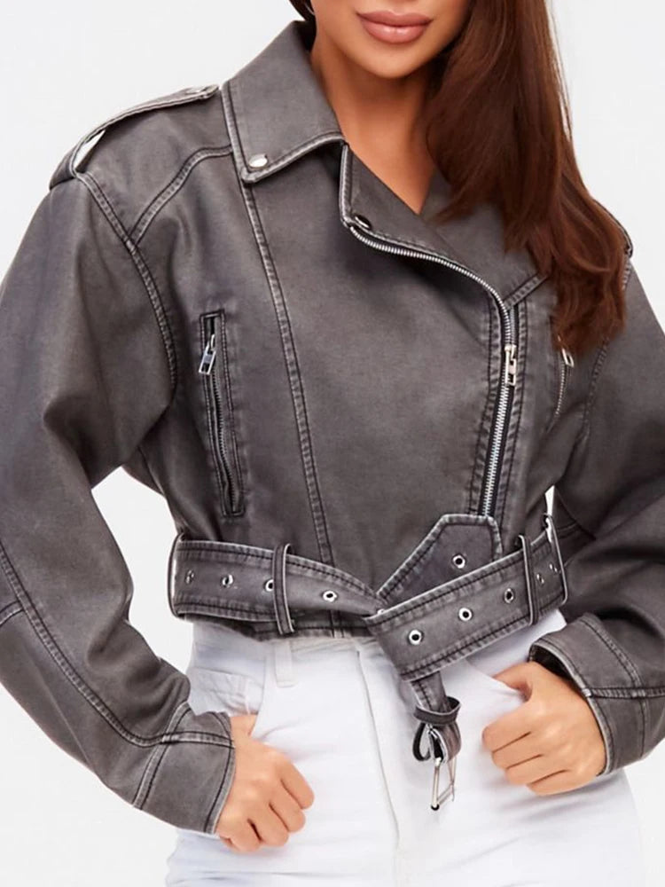 Veste courte gris pu faux cuir pour femme