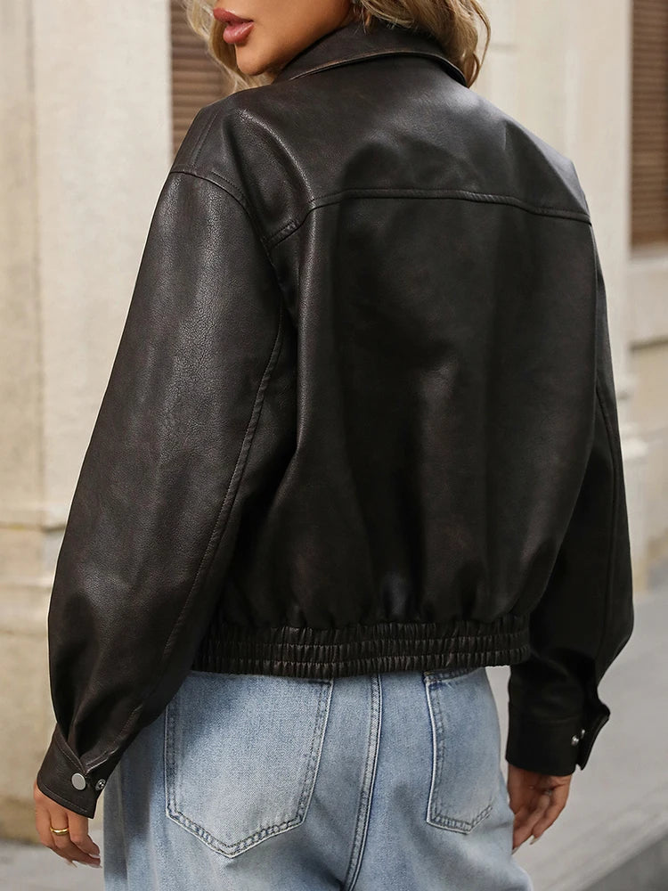 Veste vintage lâche pu similicuir pour femmes