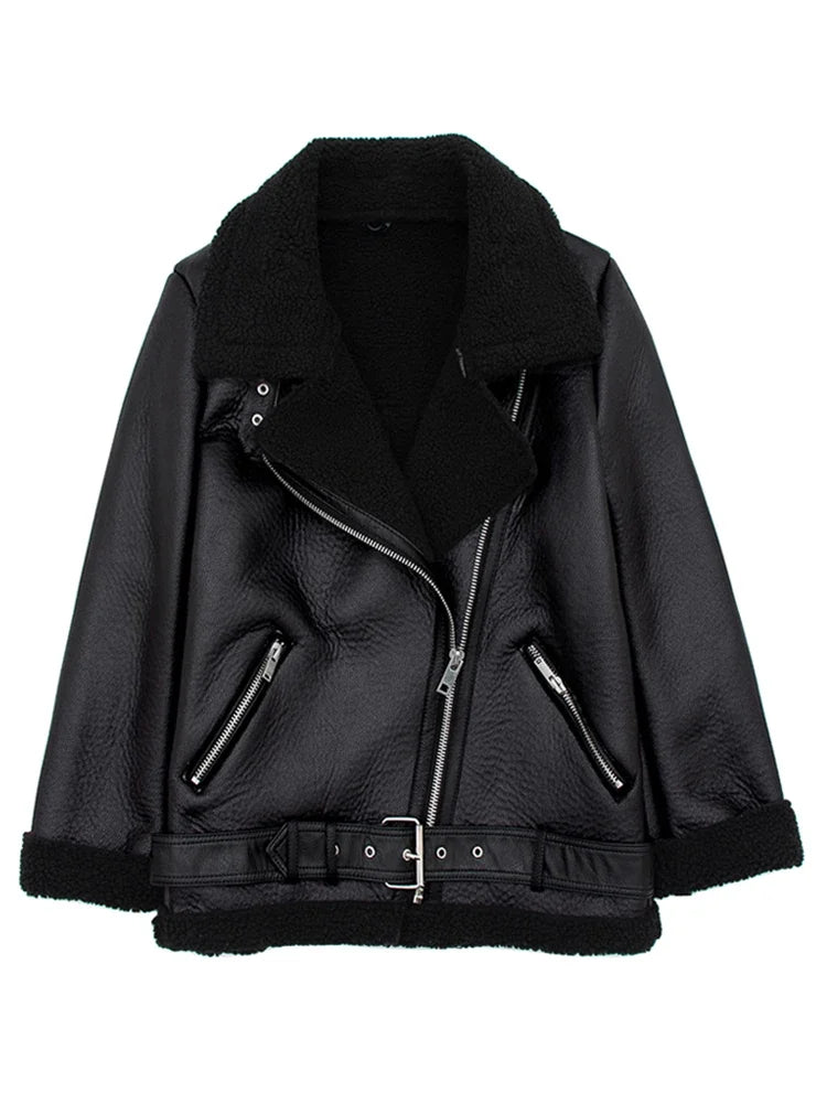 veste pour femmes fourrure d'agneau veste en Faux cuir manteau col rabattu hiver épais chaud fermeture éclair avec ceinture