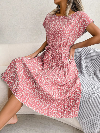 Robe longue décontractée à manches courtes pour femmes, col rond, à lacets, motif Floral plissé