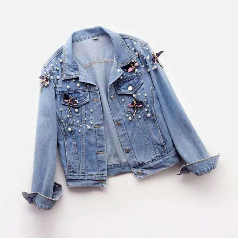 Veste en jean pour femme ample avec perles