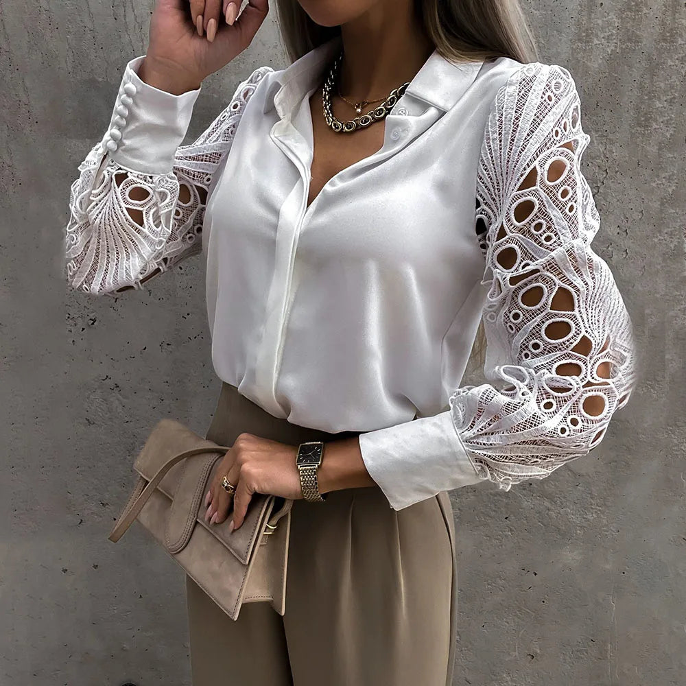 Chemise à manches longues en dentelle blanche pour femme, haut décontracté, Vintage, ajouré, boutons